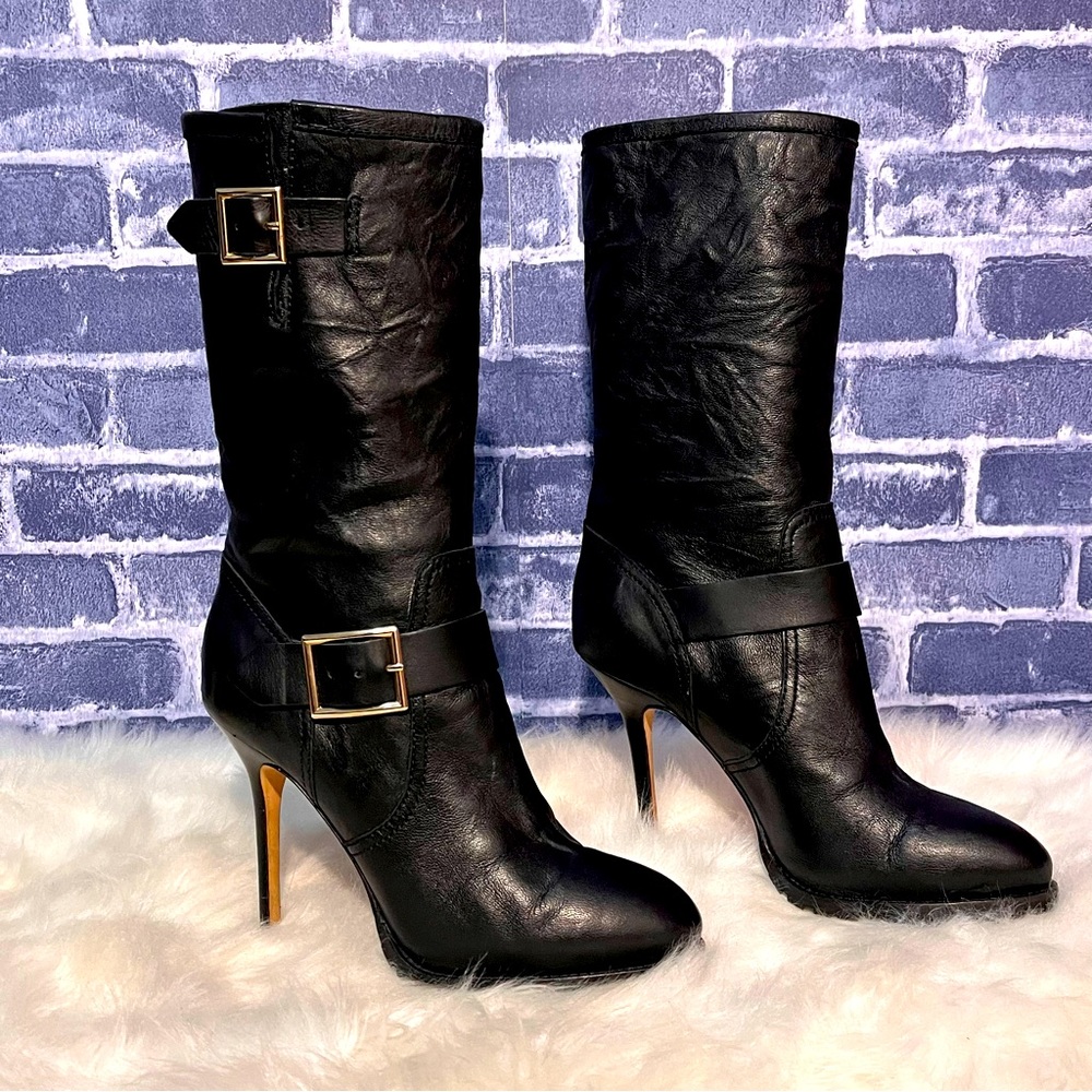 Authentic EUC Jimmy Choo wrinkled leather buckle boot